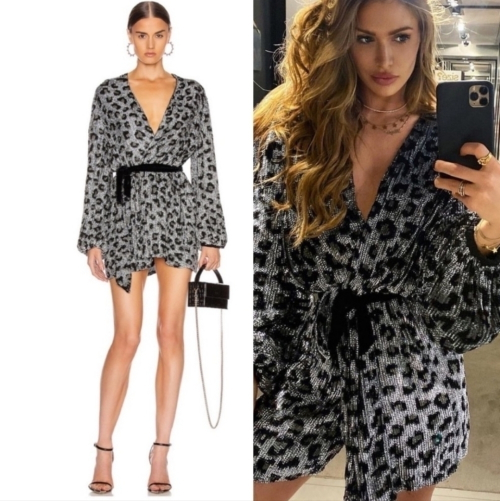 Retrofete Gabrielle Sequin Robe Wrap Silver Leopard Mini Dress NWT Size Medium